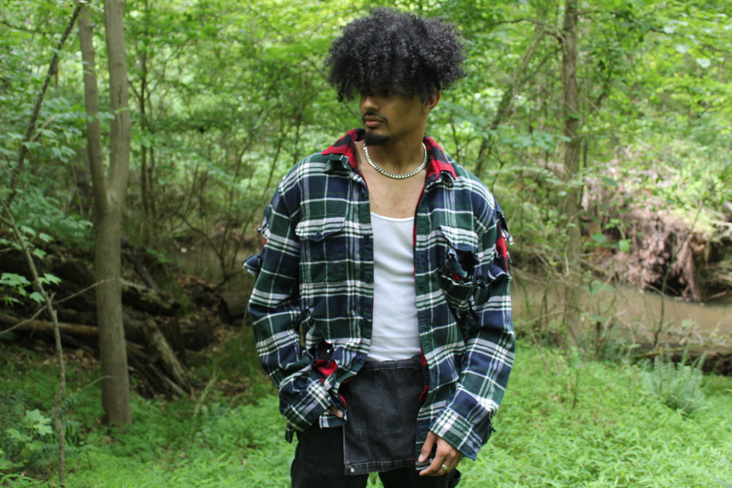 Green/Red Distressed Double Exposed Plaid Shirt