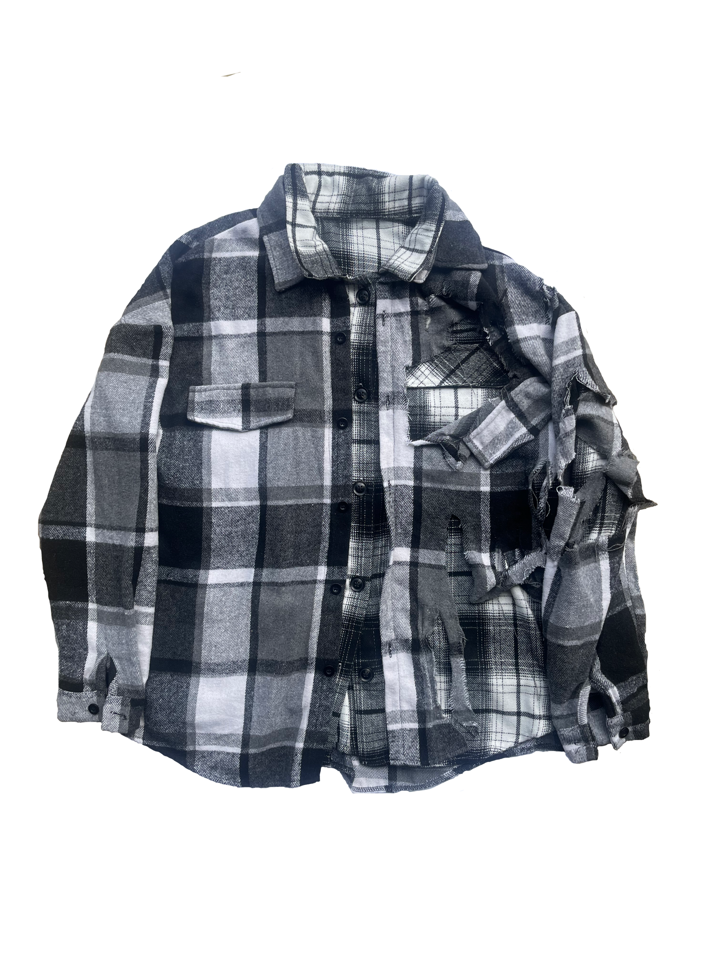 Black/White Distressed Double Exposed Plaid Shirt