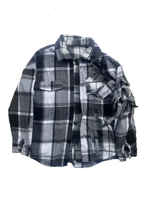 Black/White Distressed Double Exposed Plaid Shirt
