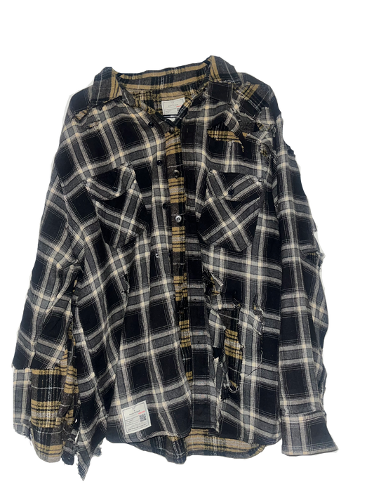 Black/Yellow Distressed Double Exposed Plaid Shirt